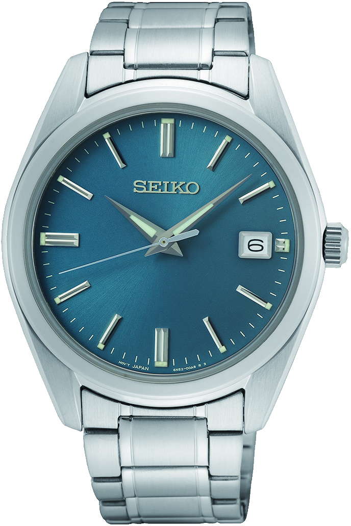 Eine elegante Seiko Quarz Uhr mit einem auffälligen blauen Zifferblatt und einem schlichten silbernen Armband.