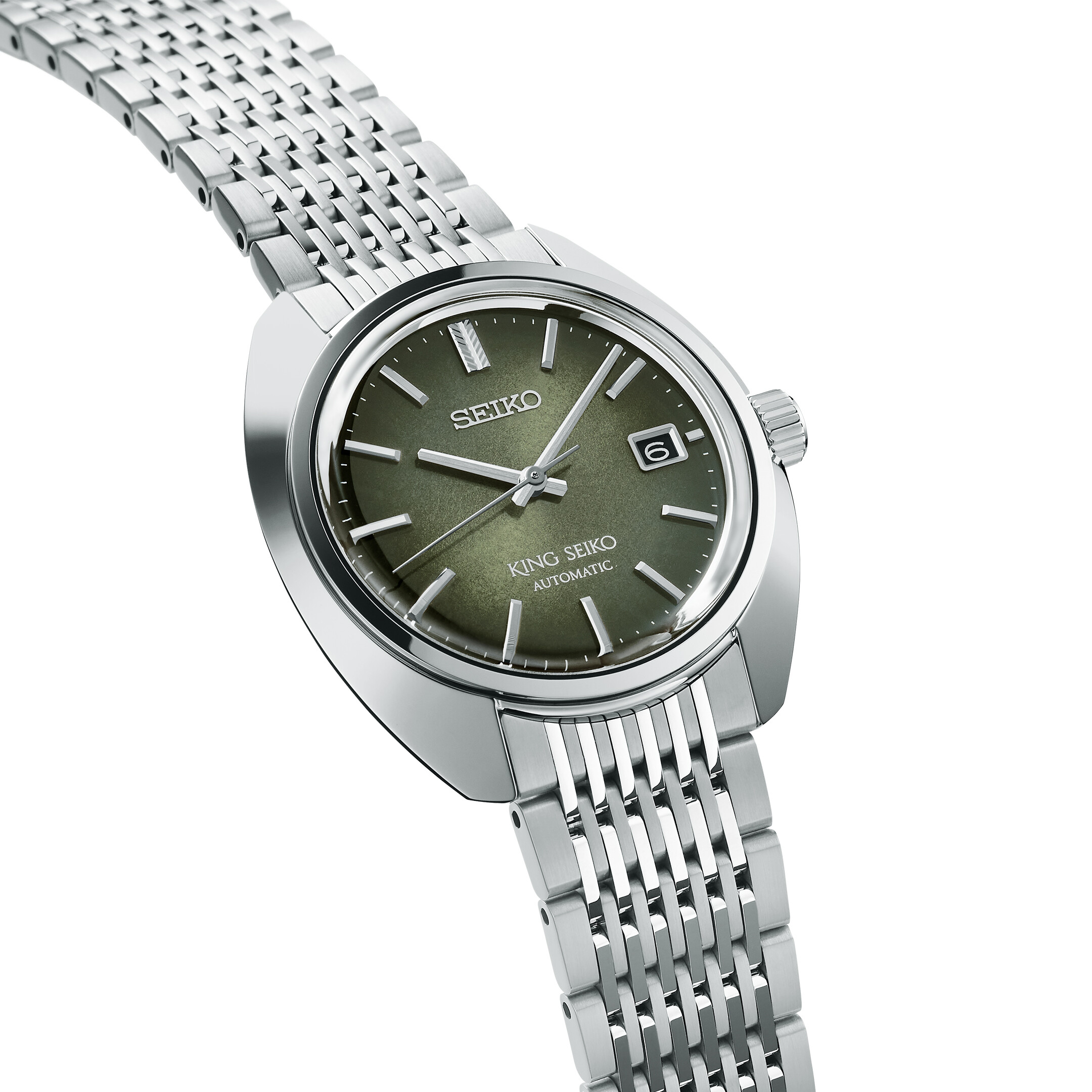 Ein silbernes Herrenarmbanduhr mit einem dunkelgrünen Zifferblatt und silbernen Zeigern.