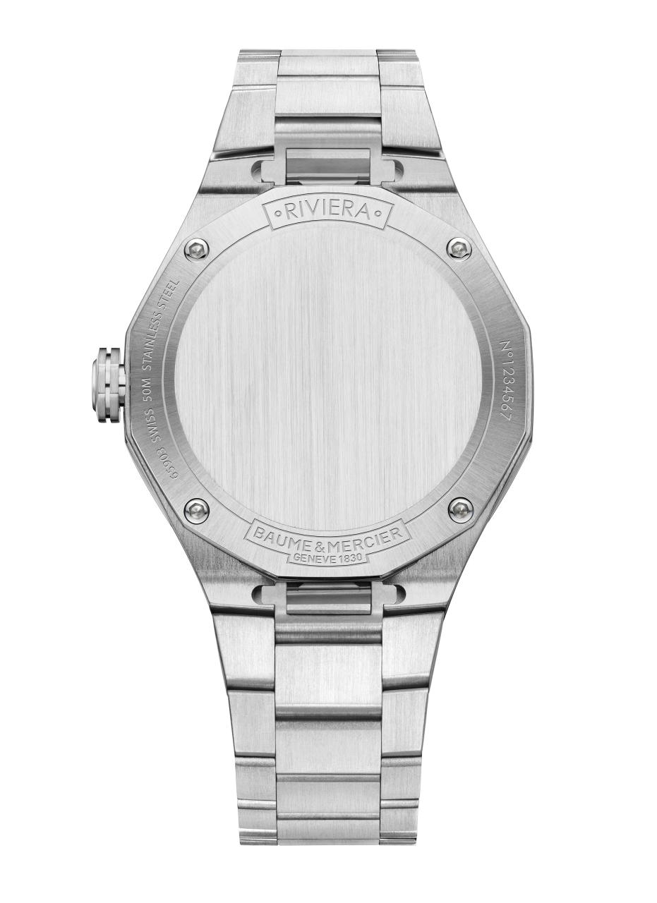 Die Rückseite eines silbernen Armbanduhrgehäuses mit einem radial gebürsteten Zifferblatt und einer Krone.