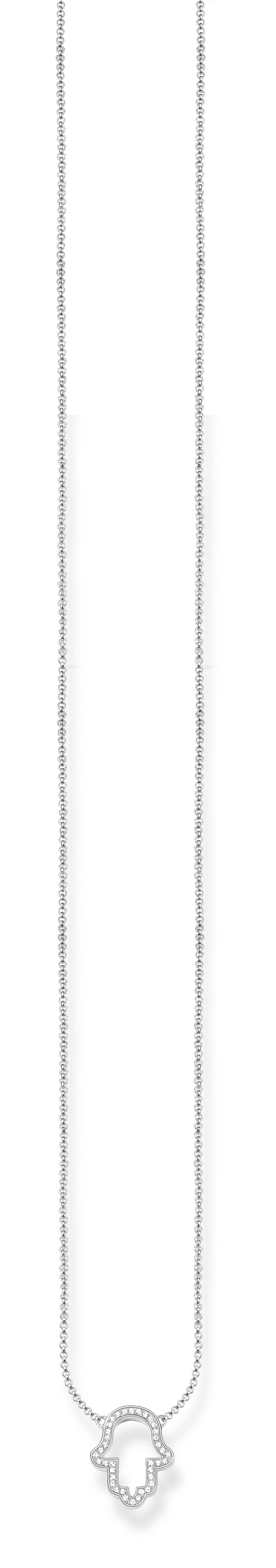 Eine silberne Kette mit einem Anhänger in Form einer Hand, verziert mit kleinen Kristallen.