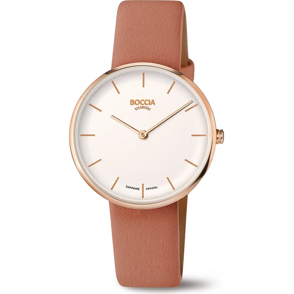 Eine elegante Boccia Damenuhr mit weißem Zifferblatt und rosafarbenem Armband.