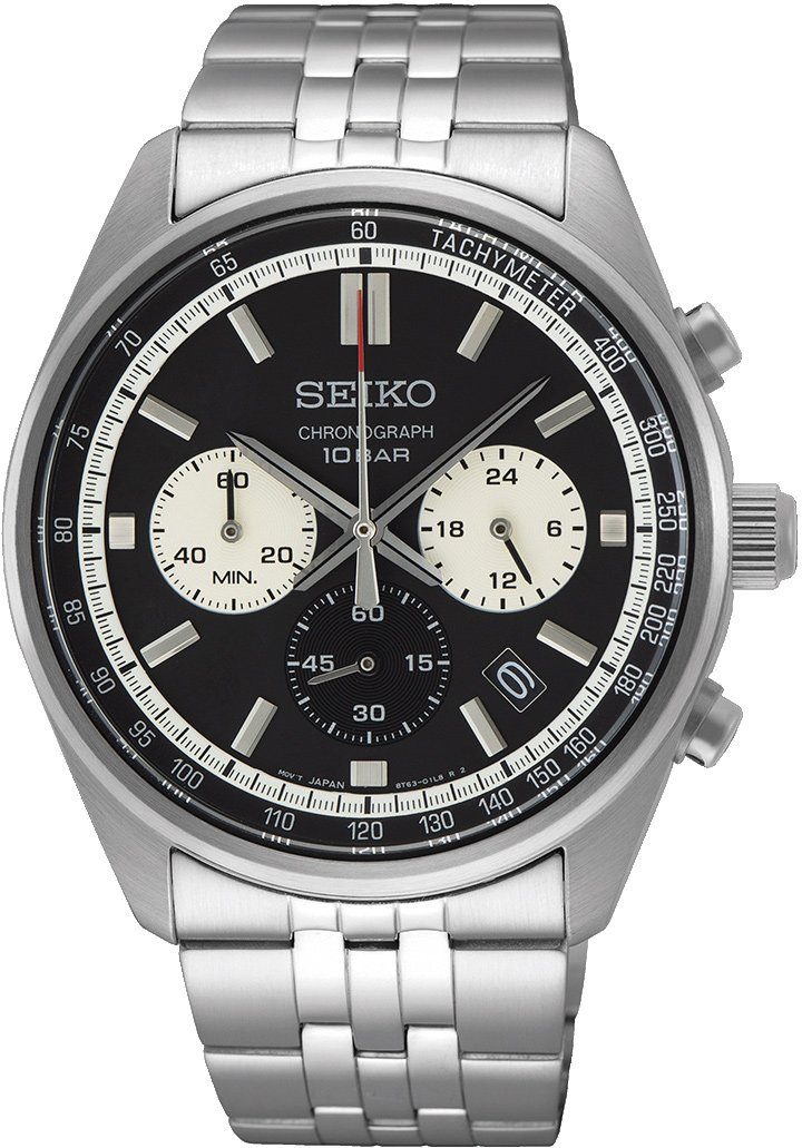 Ein Herren chronograph Armbanduhr mit schwarzem Zifferblatt, weißen Hilfszifferblättern und silbernem Armband.