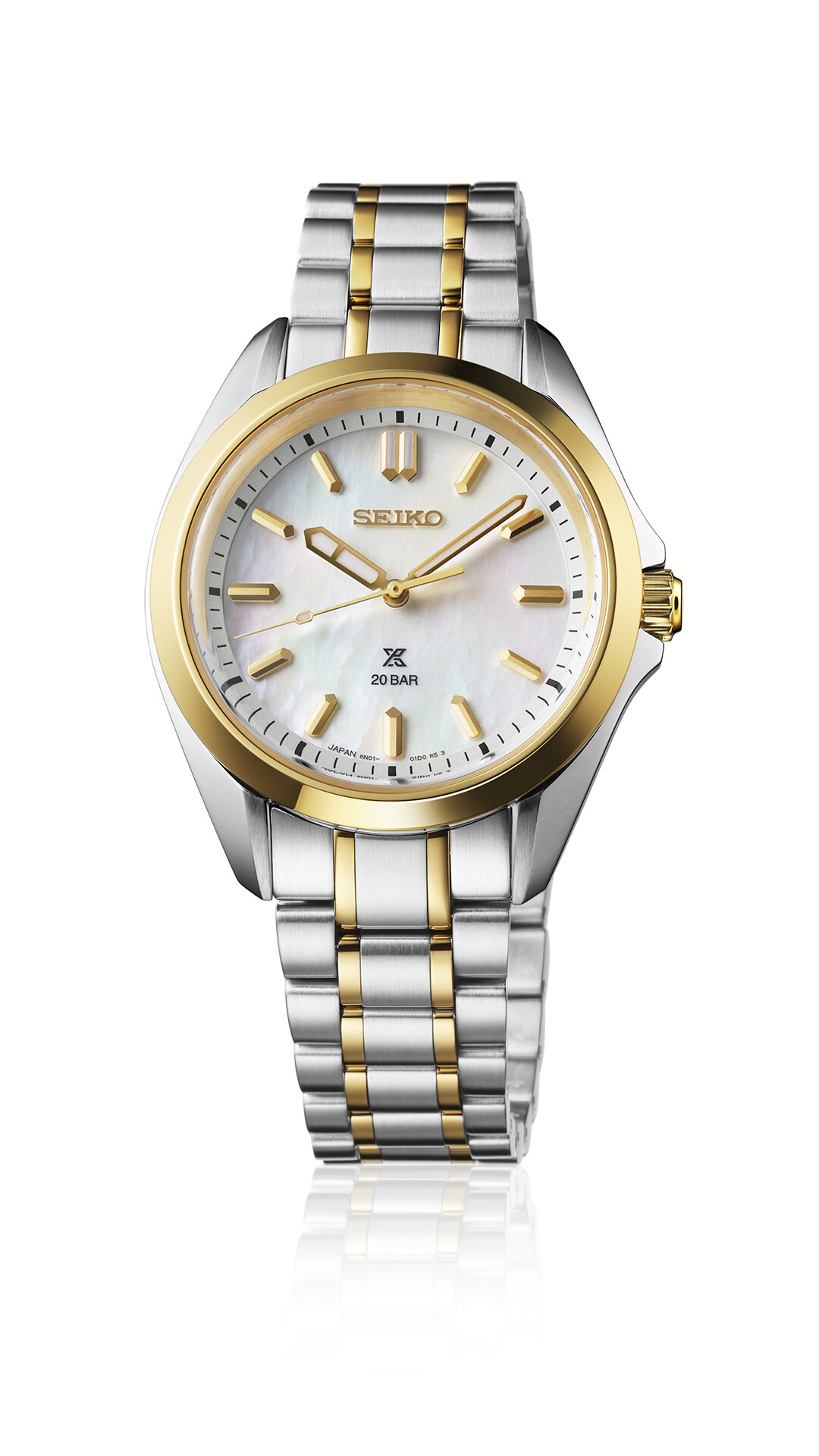 Eine zweifarbige Armbanduhr in Silber und Gold mit einem schimmernden Zifferblatt und goldenen Zeigern.