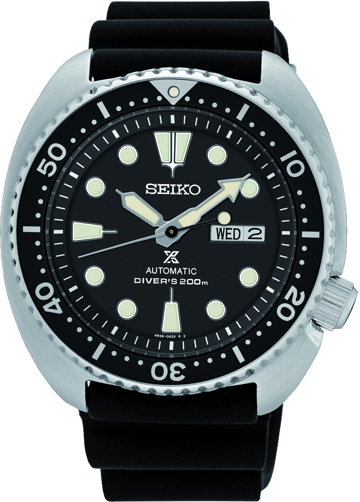 Eine Seiko Prospex Automatik Armbanduhr mit schwarzem Zifferblatt, leuchtenden Indizes und einem schwarzen Armband.
