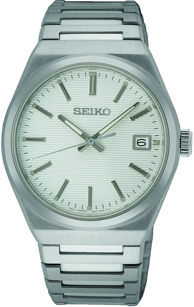 Moderne silberne Seiko Herrenuhr mit einem strukturierten weißen Zifferblatt und einem schlichten Armband.