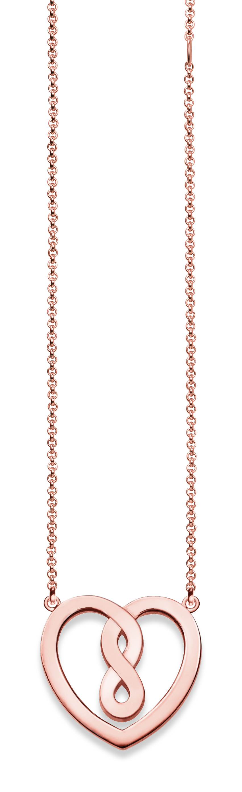 Eine roségoldene Halskette mit einer Herzform, die von einer liegenden Acht durchbrochen wird.