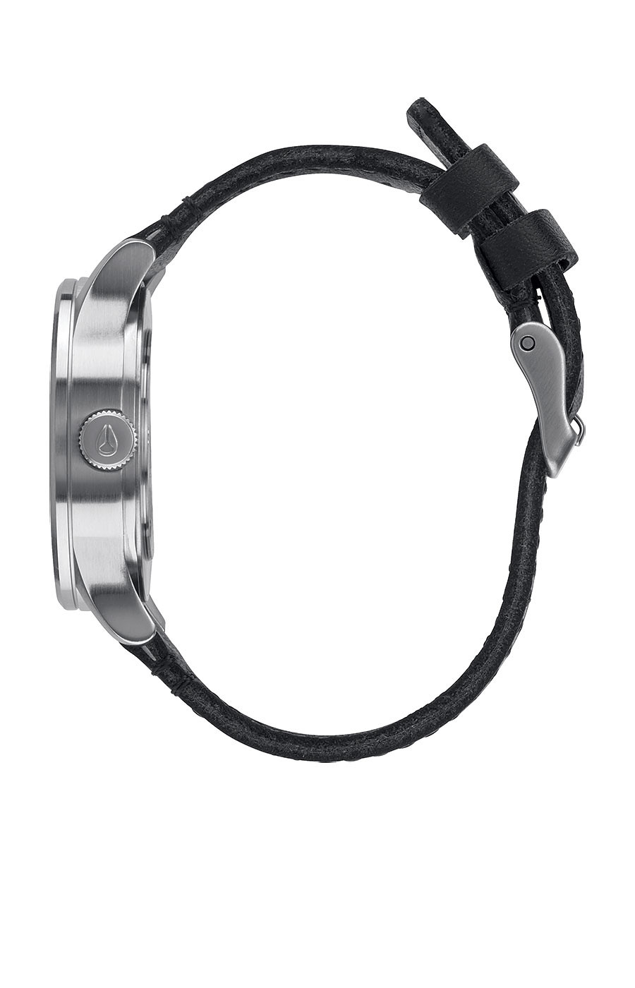 Seitenansicht einer silbernen Uhr mit schwarzem Lederarmband und silberner Schnalle.