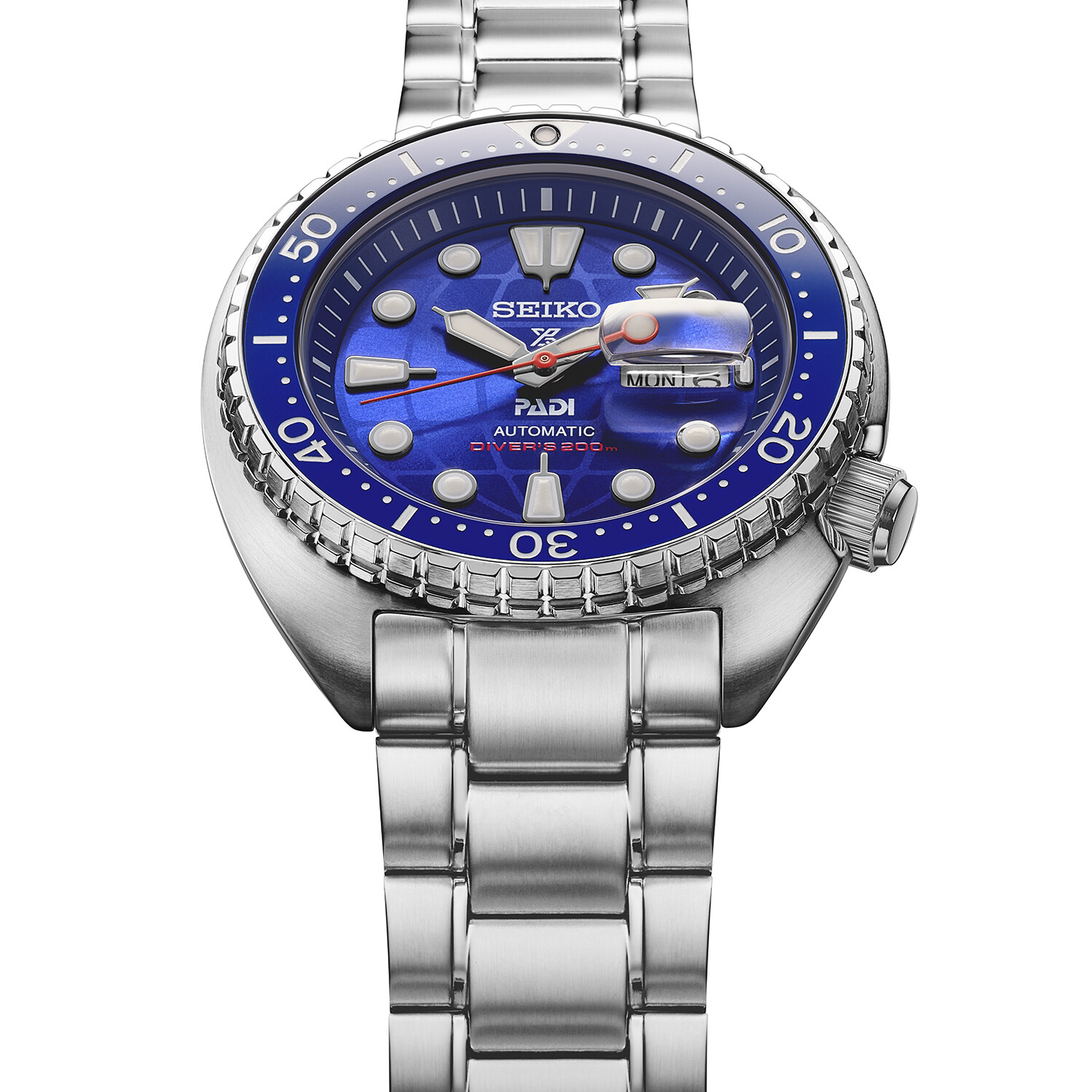 Ein silbernes Armbanduhr mit blauem Zifferblatt und rotem Sekundenzeiger.