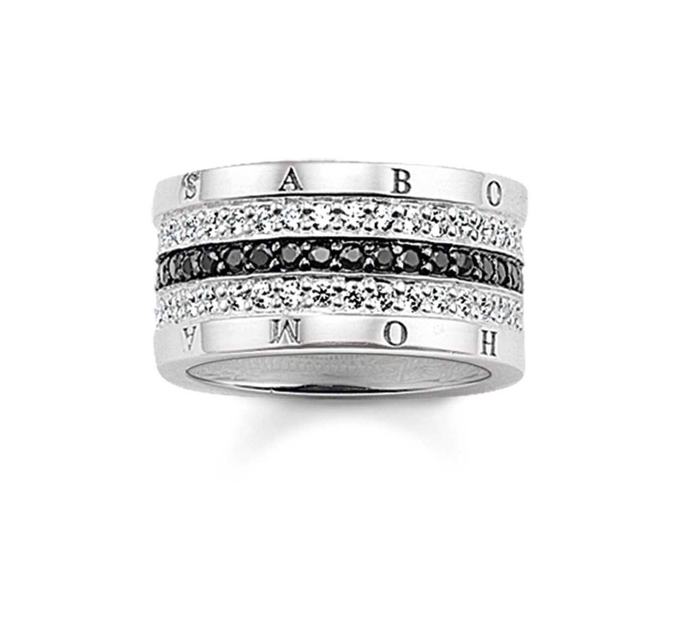 Ein silberner Ring mit mehreren Ebenen und weißen und schwarzen Steinen ist auf dem Foto zu sehen.