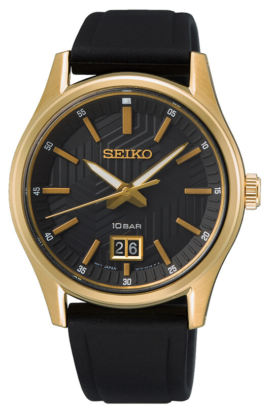Eine Seiko Herrenuhr mit schwarzem, gemustertem Zifferblatt und goldenen Indizes, ausgestattet mit einem schwarzen Armband.
