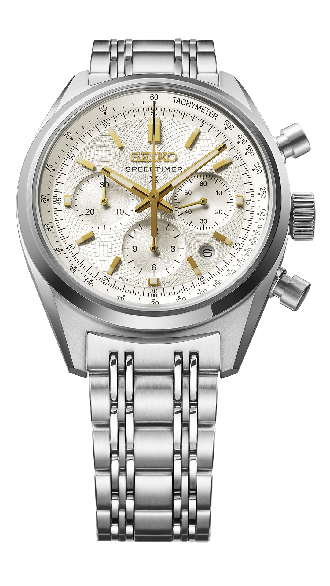 Ein silbernes Chronographen-Armbanduhr mit einem silbernen Zifferblatt und goldenen Zeigern. Die Uhr hat ein rundes Gehäuse.