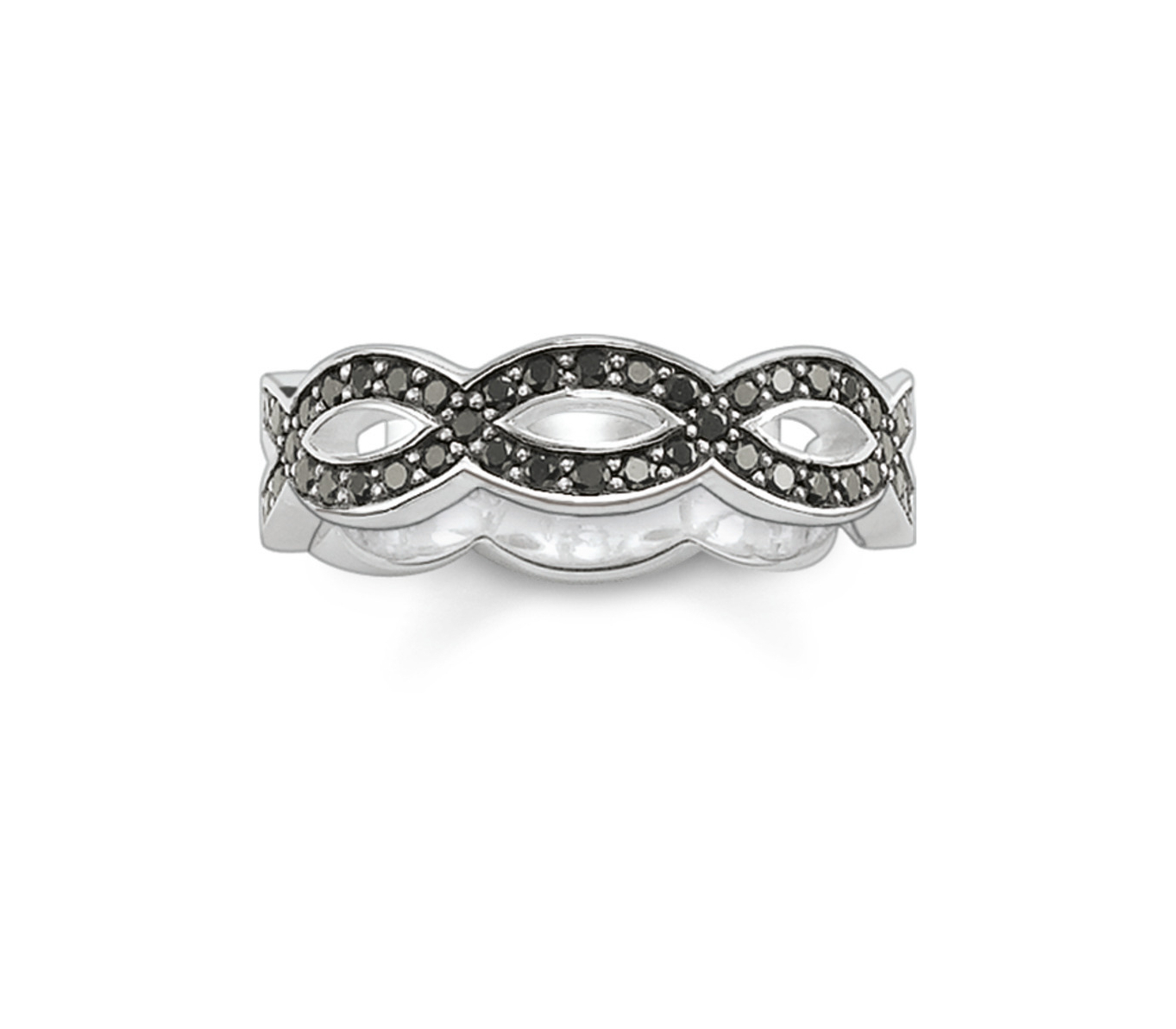Ein Thomas Sabo Ring mit schwarzem Steinbesatz und einem eleganten, geschwungenen Design.